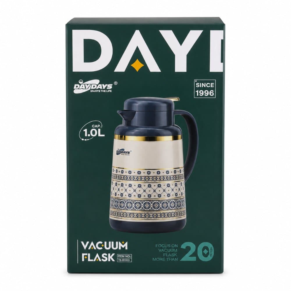 ترامس/ترمس شاي وقهوة فاخر ديدايز (DAYDAYS) بنقوش شرقية كلاسيكية باللون الكحلي والسكري مع إطار ذهبي